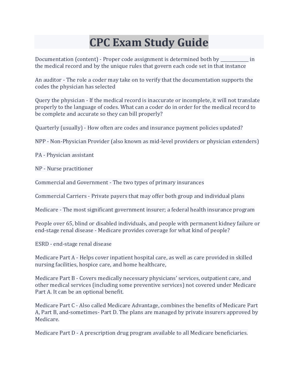 Preview image for CPC Exam Study Guide Questions And Answers